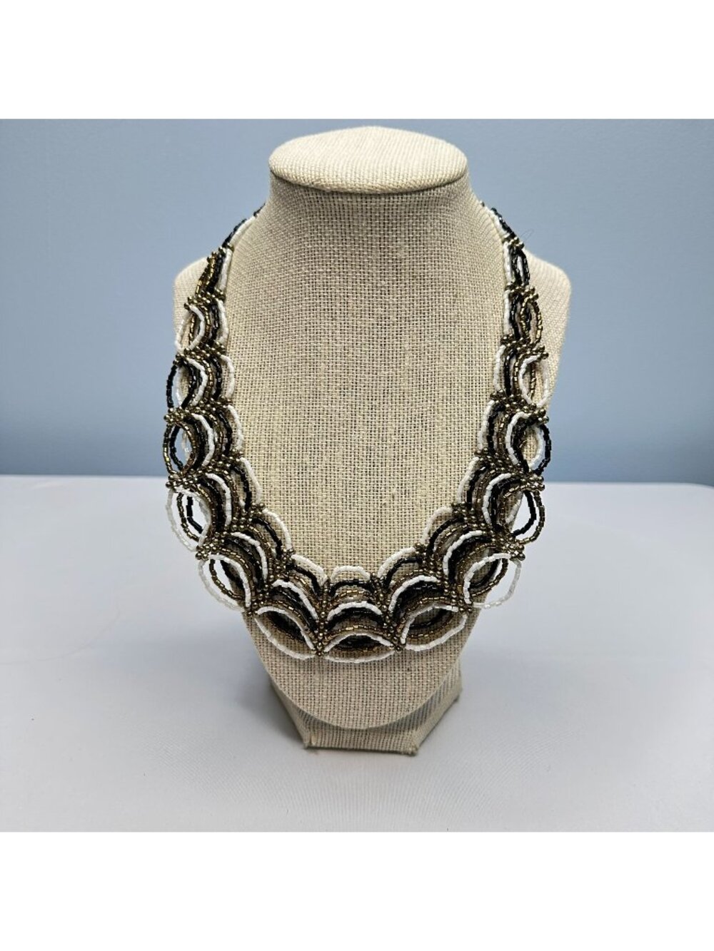 Hand Beaded Seed Bead Collar Necklace 20" + 3" Black White Gold Lobster Clasp